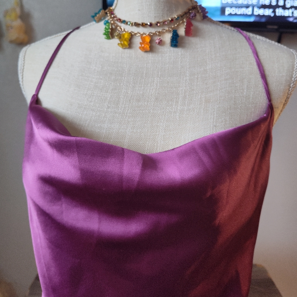 Bisou Bisou Purple Satin Camisole with Striped Hem - Picture 2 of 6